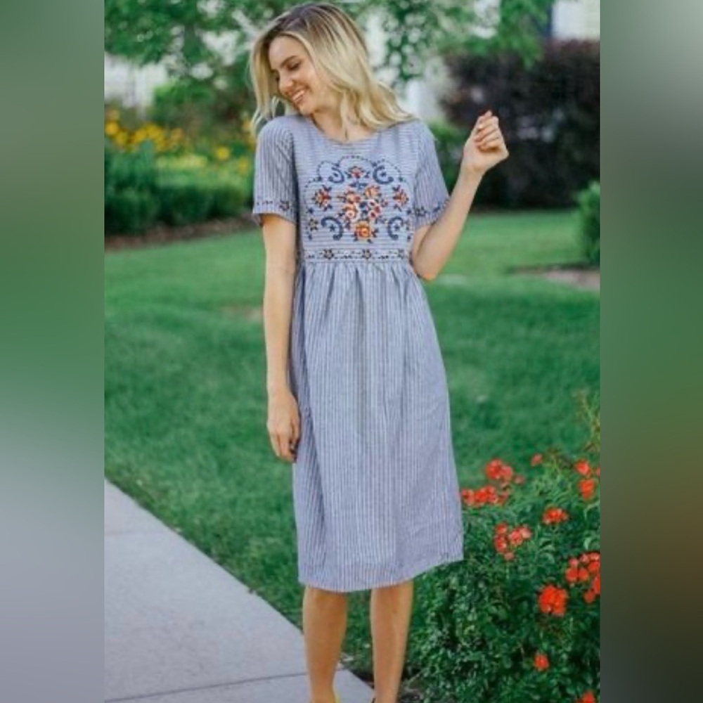Elegant Blue Embroidered Polagram Dress